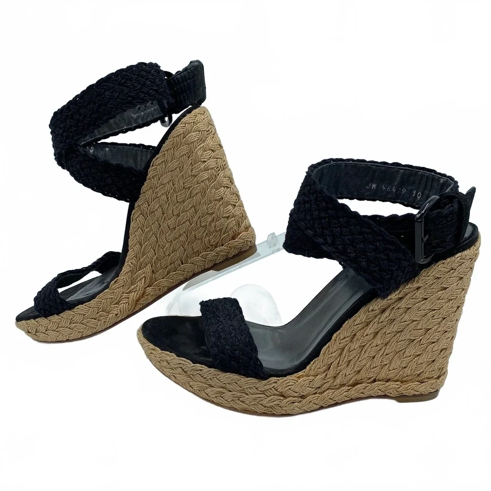 Stuart Weitzman Black Tan Woven Espadrille Wedges | Regular US10